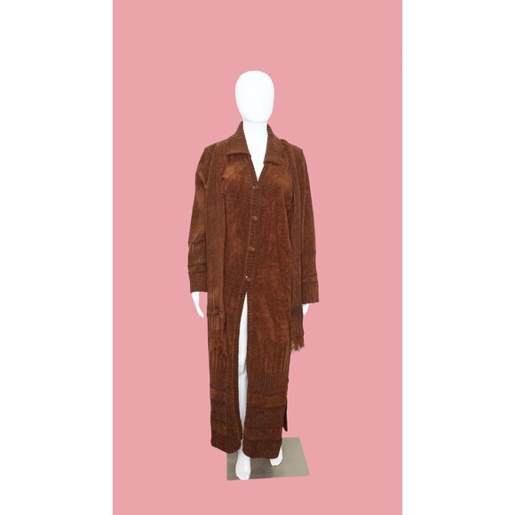 1990s-Y2K EGYPTIAN Brown Button Up DUSTER CARDIGAN with Scarf. Large-Extra Large - Picture 4 of 13